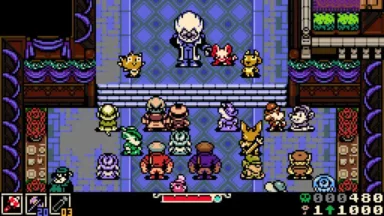 Retro pixel art villain addressing crowd in hall