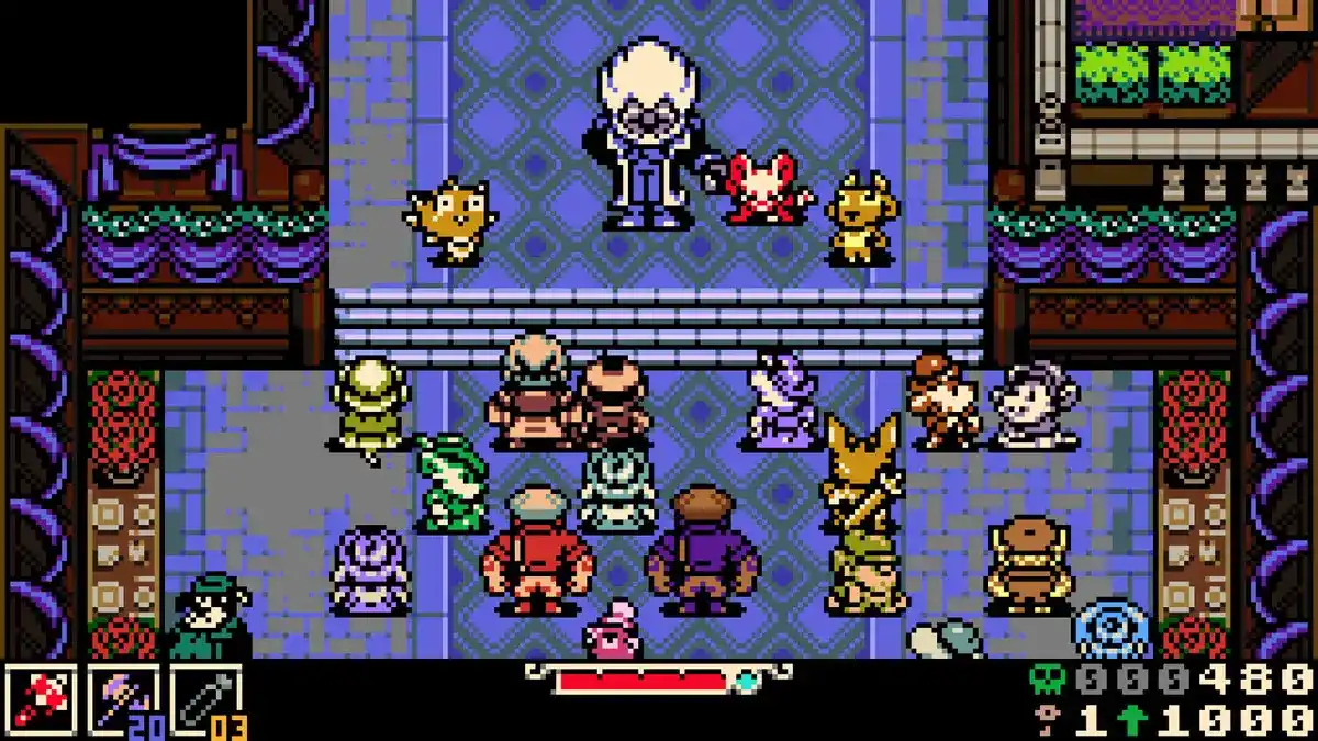Retro pixel art villain addressing crowd in hall