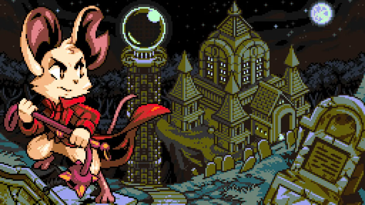 Pixel art mouse archer in spooky graveyard