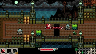 Pixel art hero battles enemies on moonlit bridge