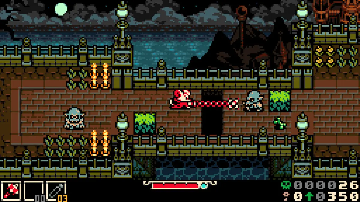 Pixel art hero battles enemies on moonlit bridge