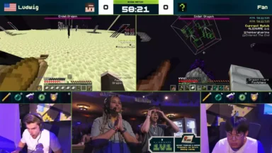Minecraft esports showdown with split-screen gameplay and players