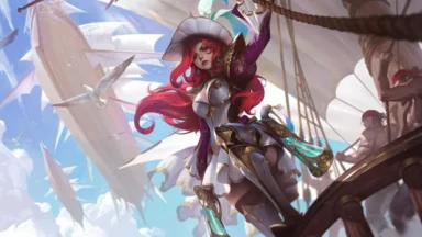 Red-haired pirate captain on ship deck with sails