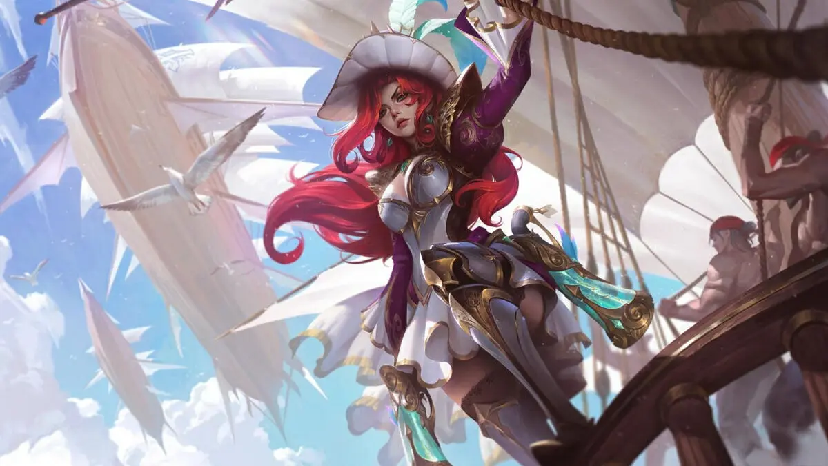 Red-haired pirate captain on ship deck with sails