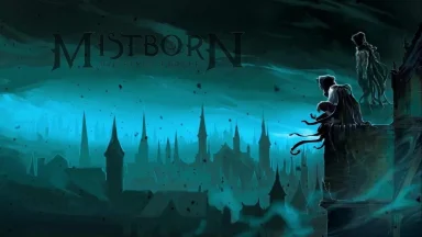 Misty fantasy city with cloaked figures on rooftops