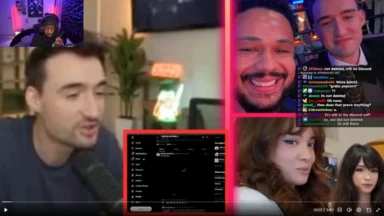 Video collage of streamers, chat, and social media screen