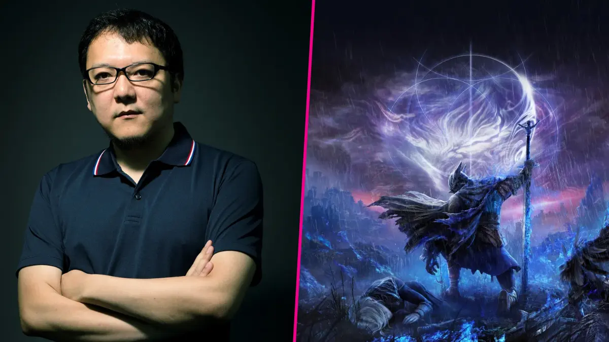 Portrait beside fantasy warrior artwork under glowing storm