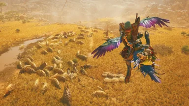 Fantasy warrior rides vibrant bird over grassland.
