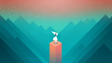 Minimalist figure on pillar under starry mountain sky