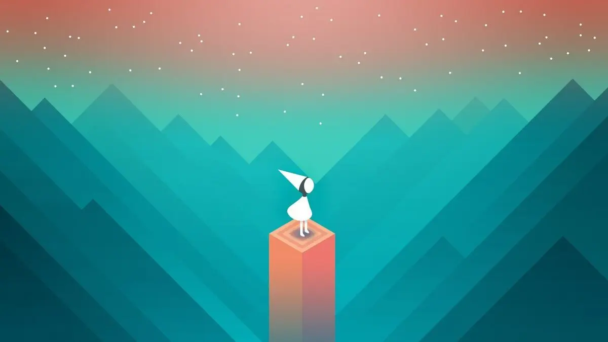 Minimalist figure on pillar under starry mountain sky