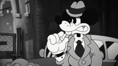 Black-and-white Mickey Mouse in detective outfit pointing