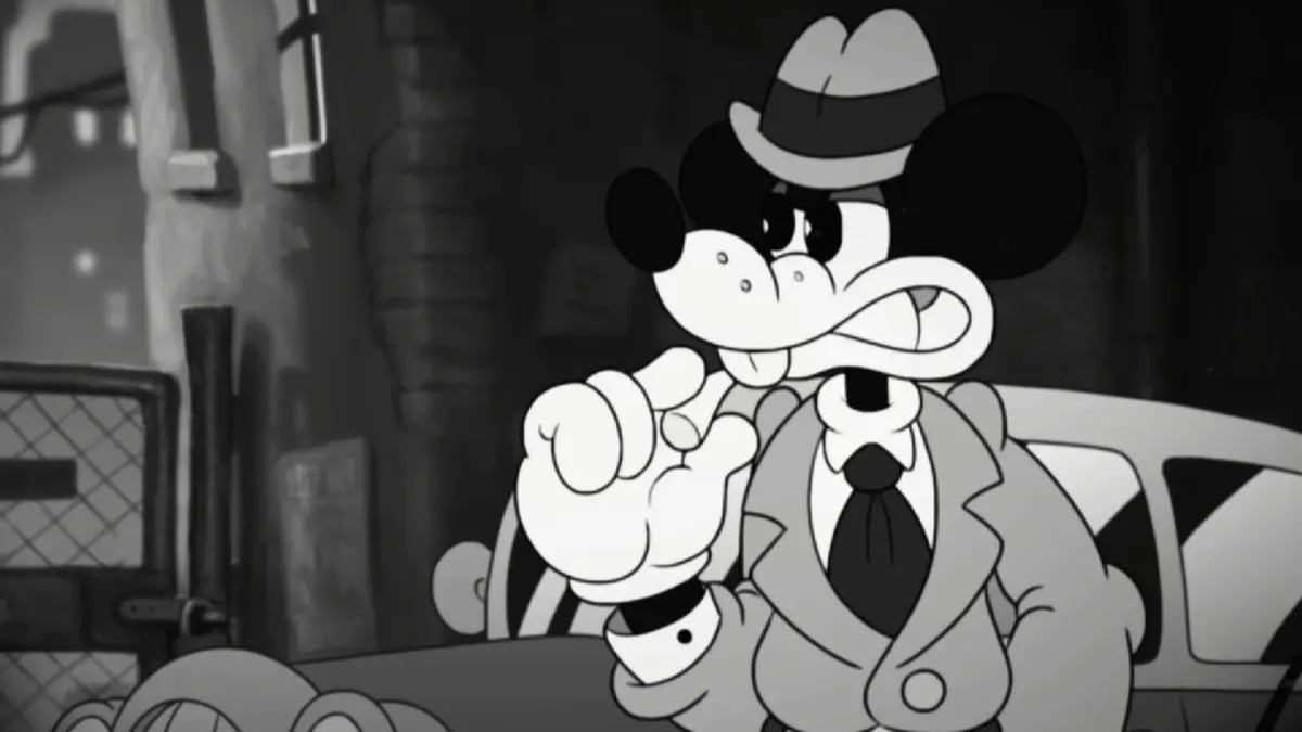 Black-and-white Mickey Mouse in detective outfit pointing
