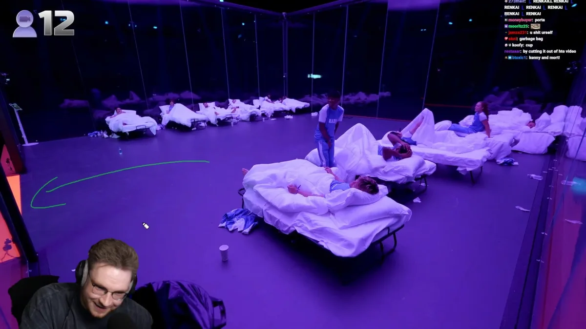 People resting on beds in purple-lit room