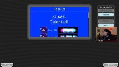 Game results screen shows 67.68% score and streamer webcam