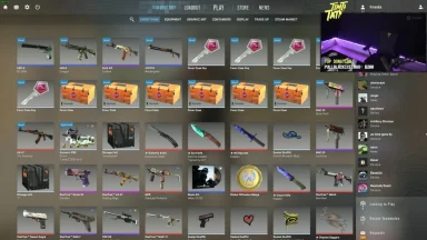Video game inventory screen with various virtual items.