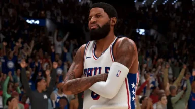 Philadelphia 76ers player celebrates with arms crossed in video game
