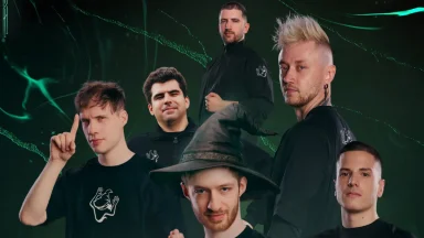 Six men posing against green digital background