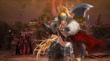 Fantasy warrior with axe in volcanic landscape.