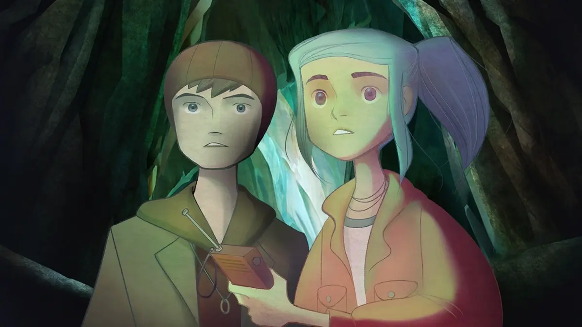 Two animated teens stand alert in a glowing forest.