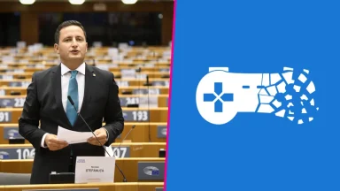 Man speaking in parliament, gaming controller graphic