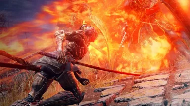 Epic sword battle amidst blazing fire.