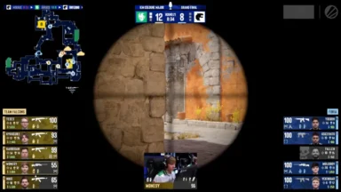 Esports broadcast with sniper scope and scoreboard overlay