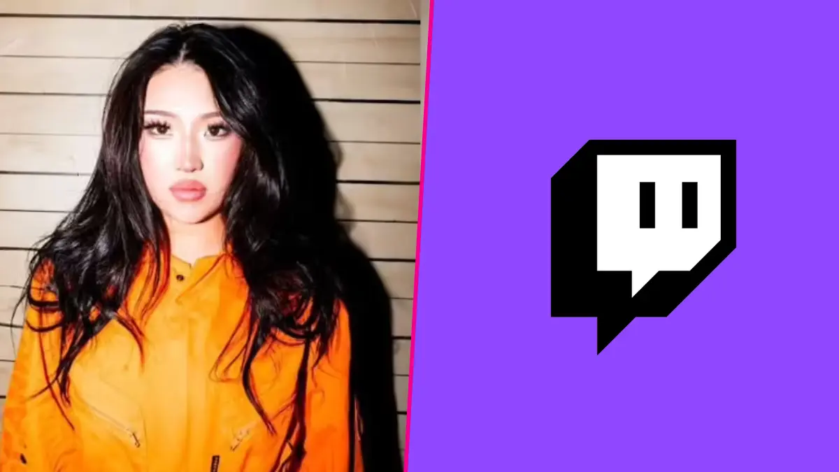 Woman in orange beside Twitch logo