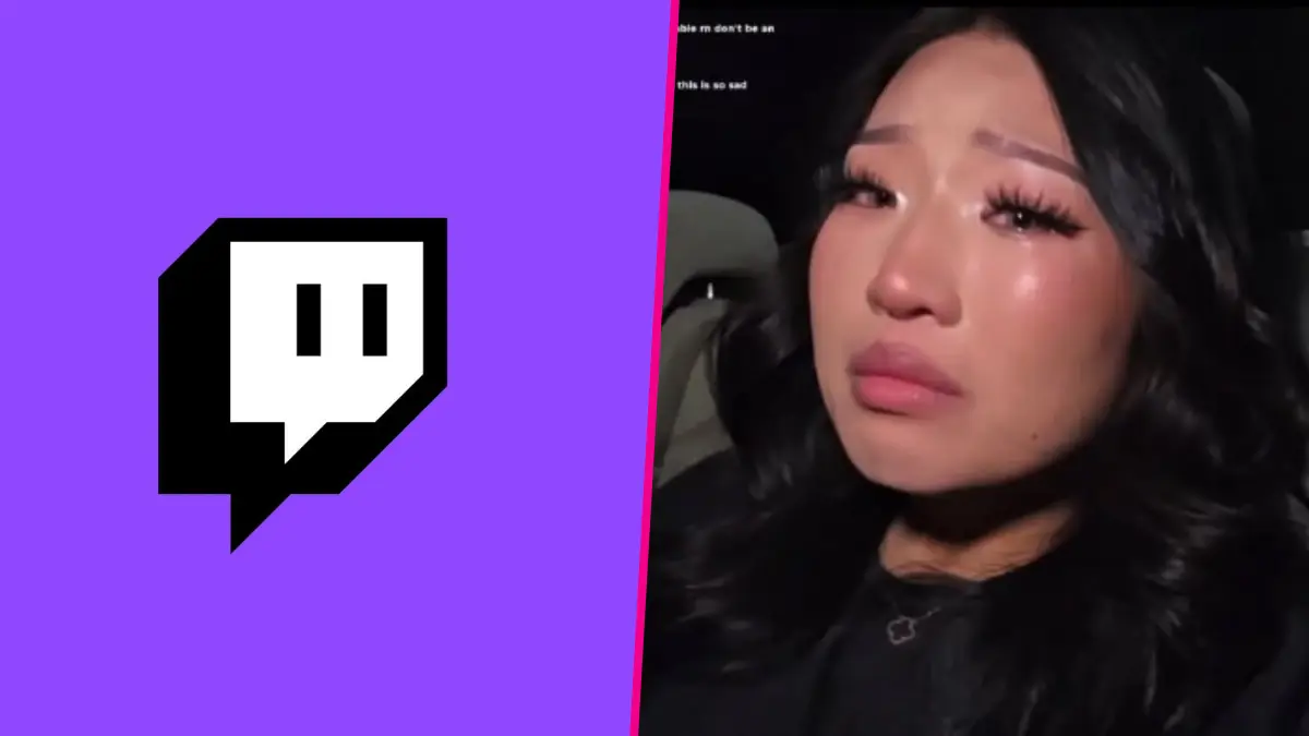 Twitch logo beside crying woman.