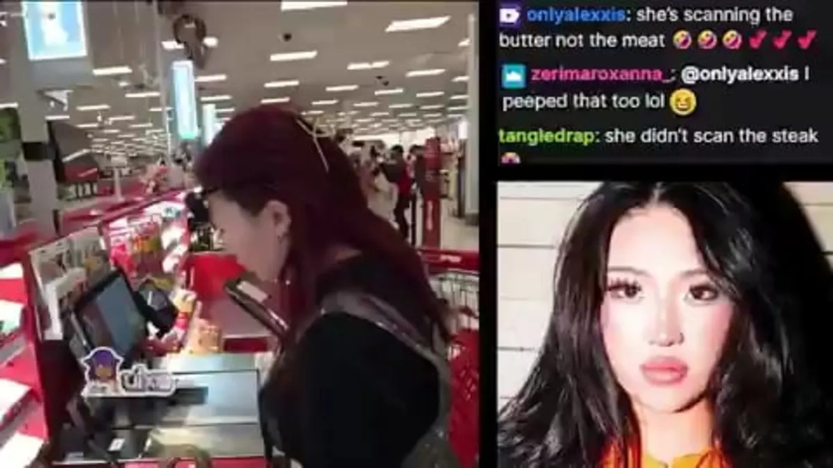 Woman streaming while scanning items at store checkout