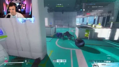 Streamer playing futuristic shooter with robot enemy