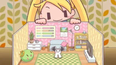 Cartoon character watching toy room scene.