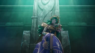 Fantasy character sitting on a throne in dim light.