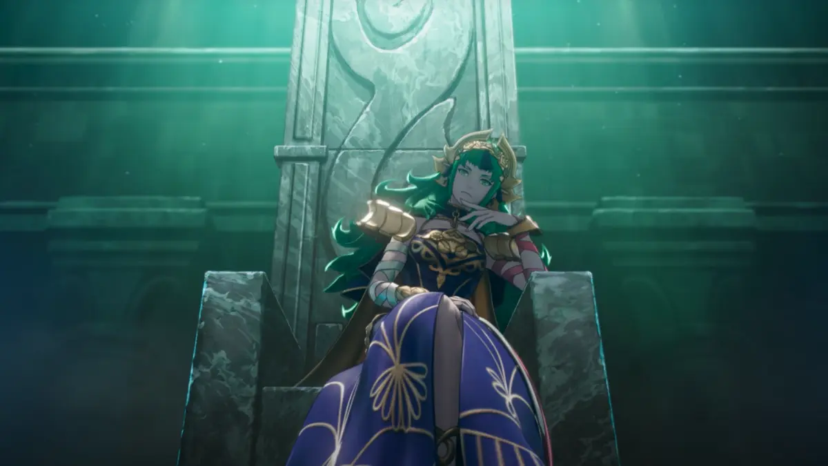 Fantasy character sitting on a throne in dim light.