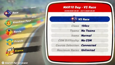 Mario Kart MAR10 Day VS Race menu screen