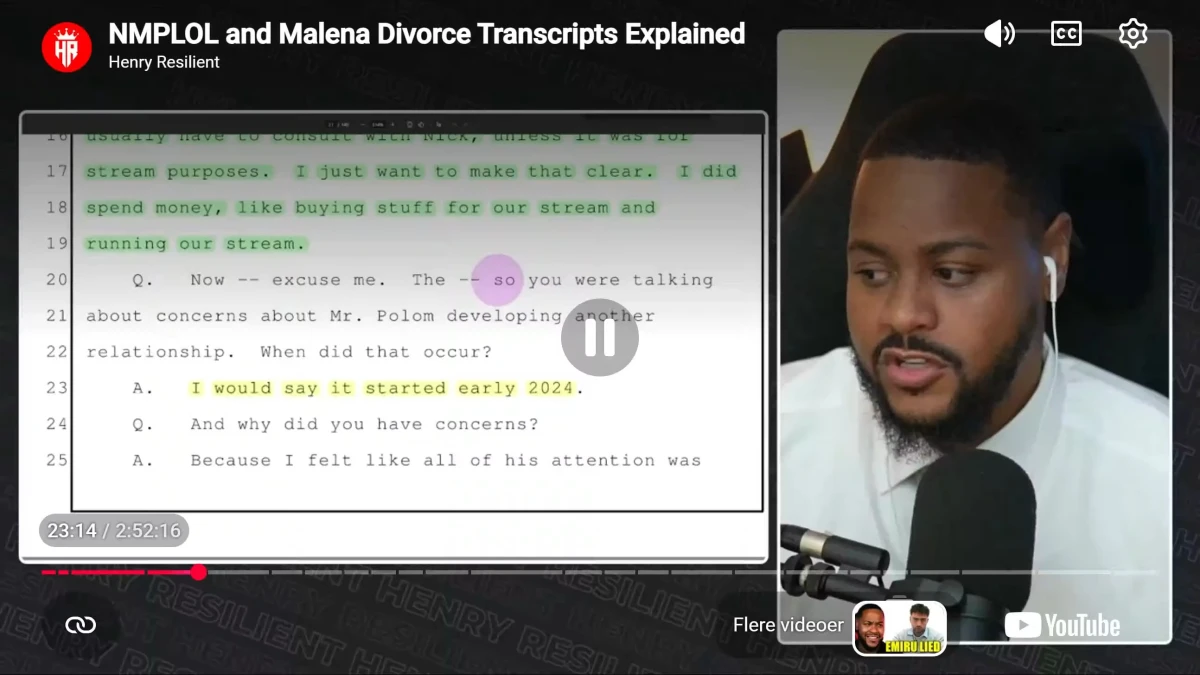Host discusses highlighted divorce transcript beside microphone