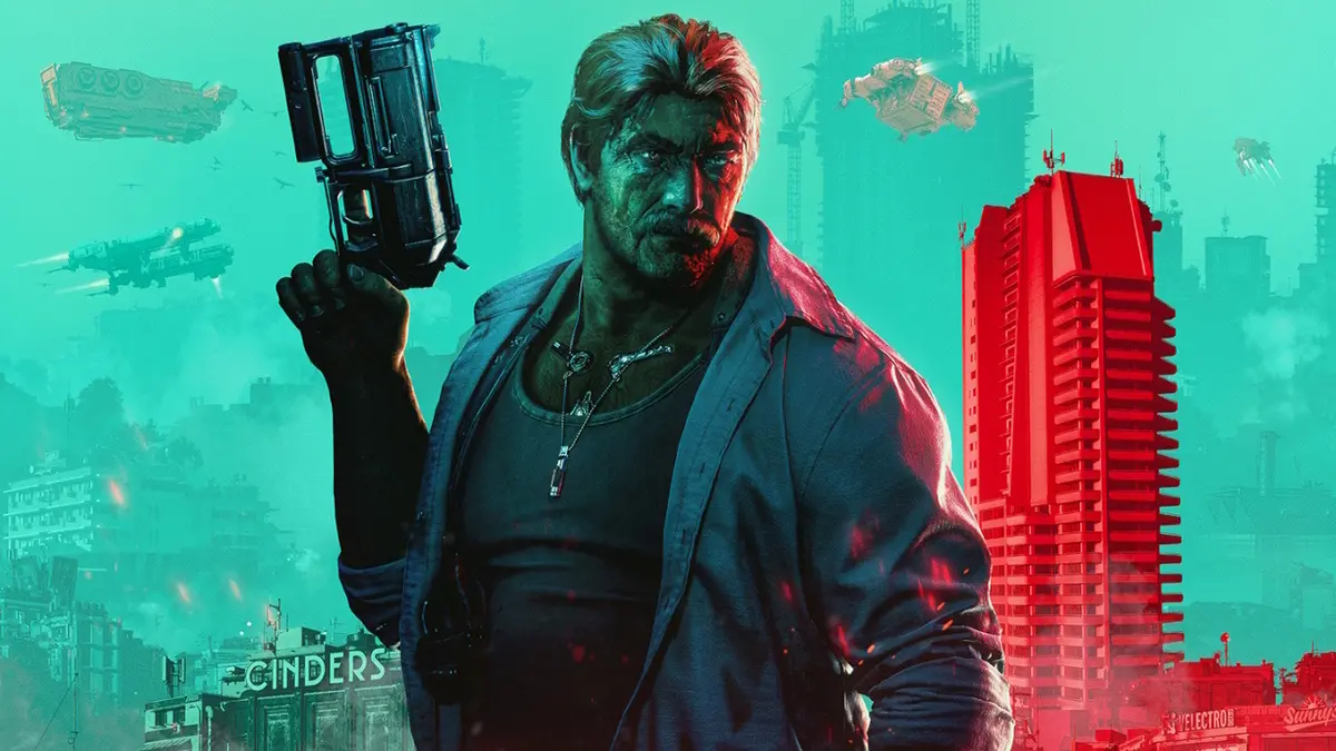 Armed man stands before futuristic city with flying vehicles