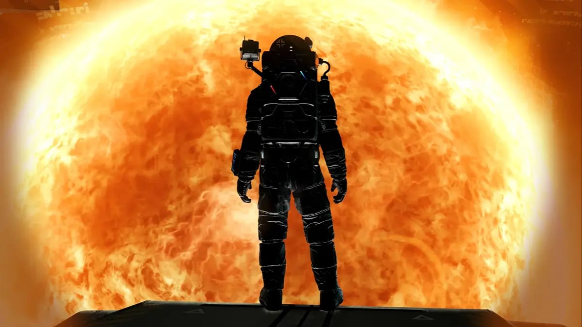 Astronaut silhouetted before a blazing sun