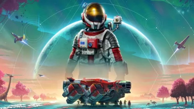 Futuristic astronaut and spaceship on alien planet.