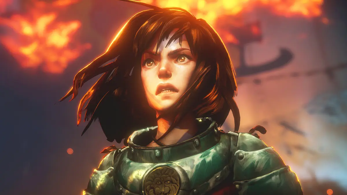 Animated armored heroine against fiery background