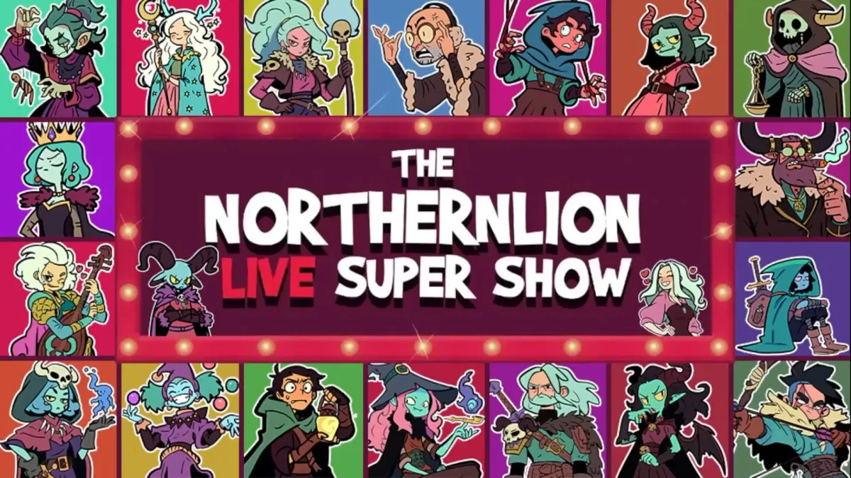 Colorful fantasy characters surround Northernlion Live Super Show marquee