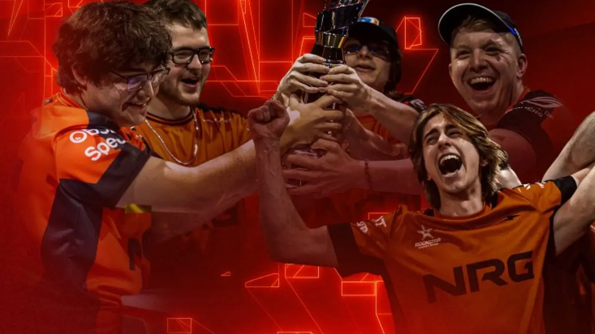 NRG esports team celebrating with championship trophy