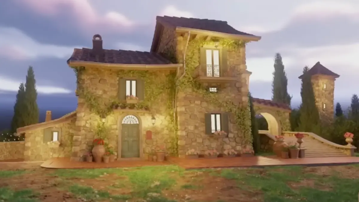 Ivy-covered stone villa at sunset