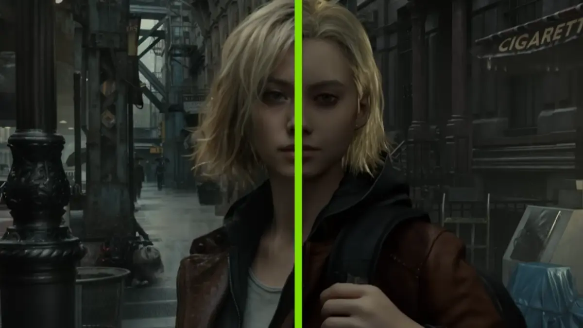 Split image of woman in urban alley