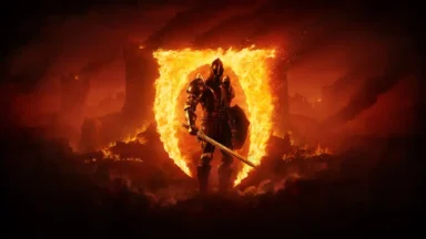 Armored knight before flaming shield in burning city
