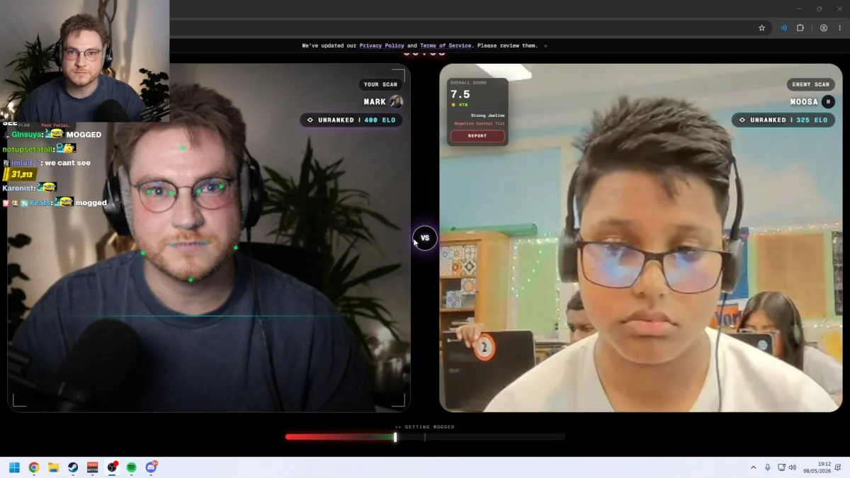 Split-screen face rating comparison with two males
