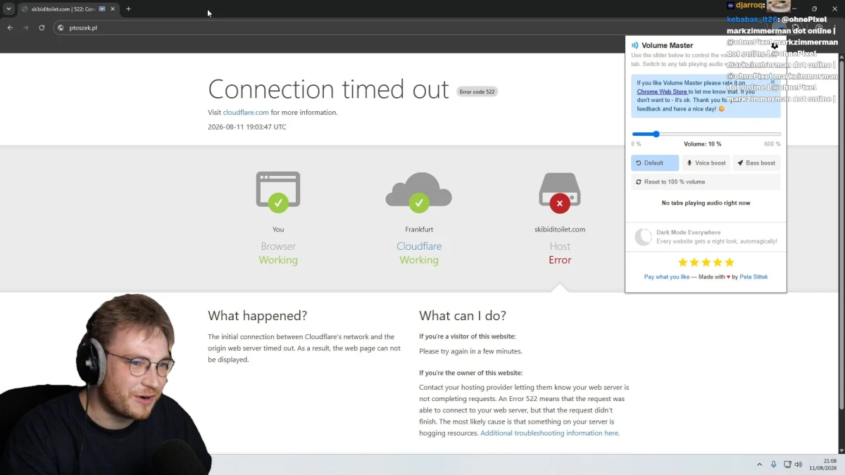 Cloudflare 522 connection timeout page with streamer overlay