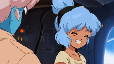 Smiling anime girl with blue hair inside spaceship