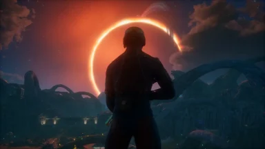 Astronaut watching eclipse on alien planet
