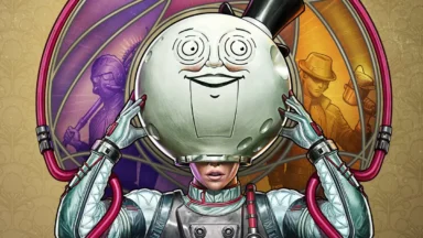 Astronaut holding large moon-faced helmet illustration