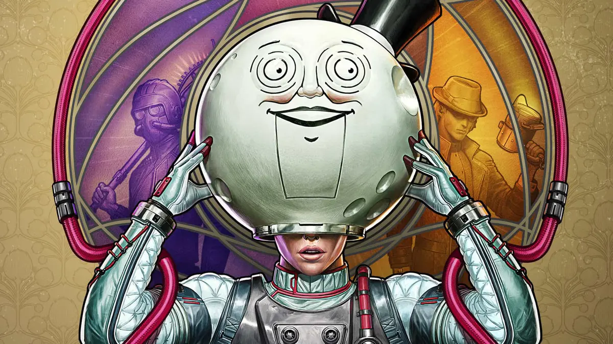 Astronaut holding large moon-faced helmet illustration